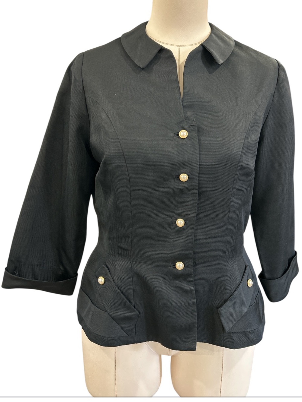 40’s 50’s Bullocks Wilshire structured peplum flair button down jacket small blk
